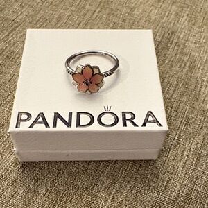 Pandora Silver and Pink Floral Enamel Ring
